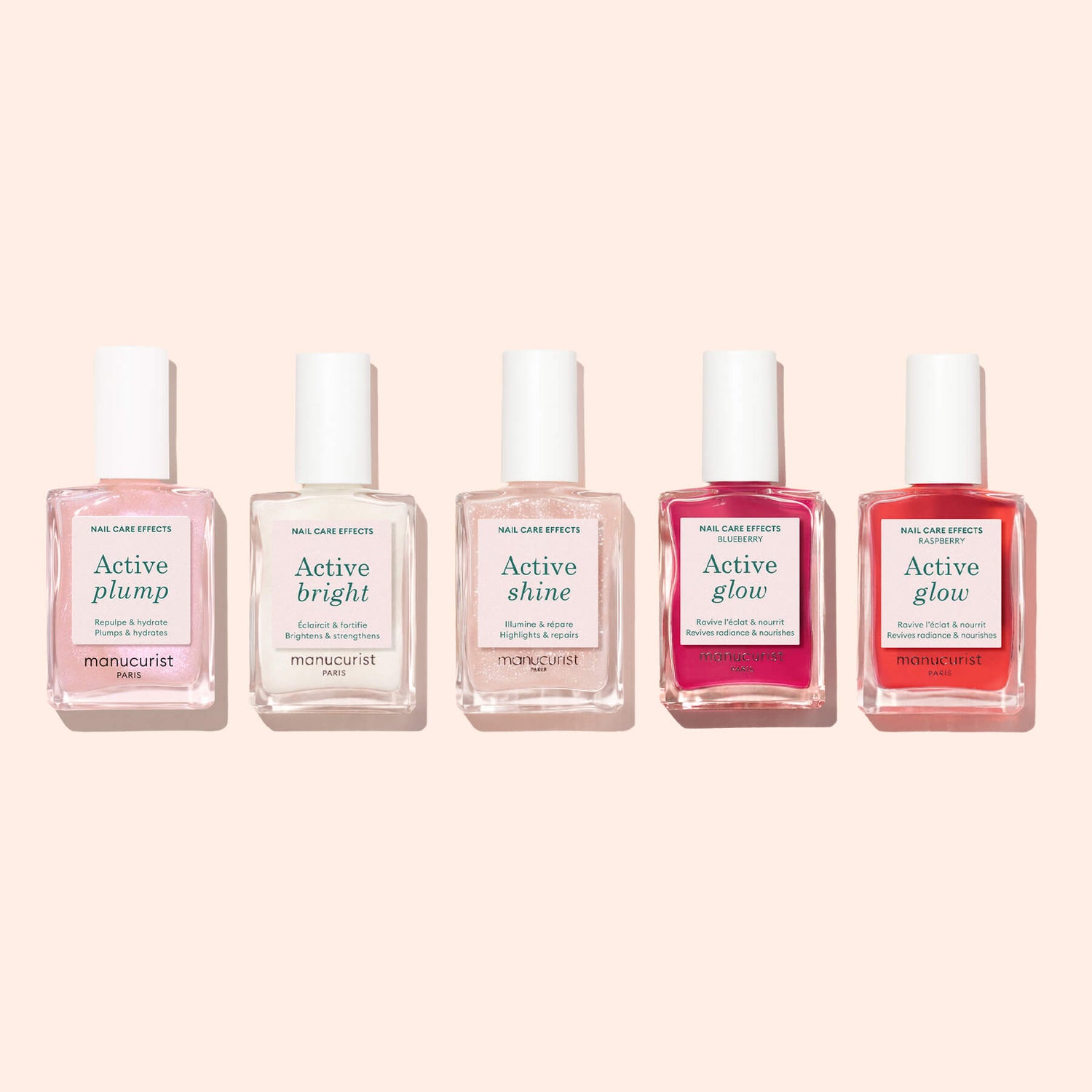 Cinq flacons Active soins ongles alignés