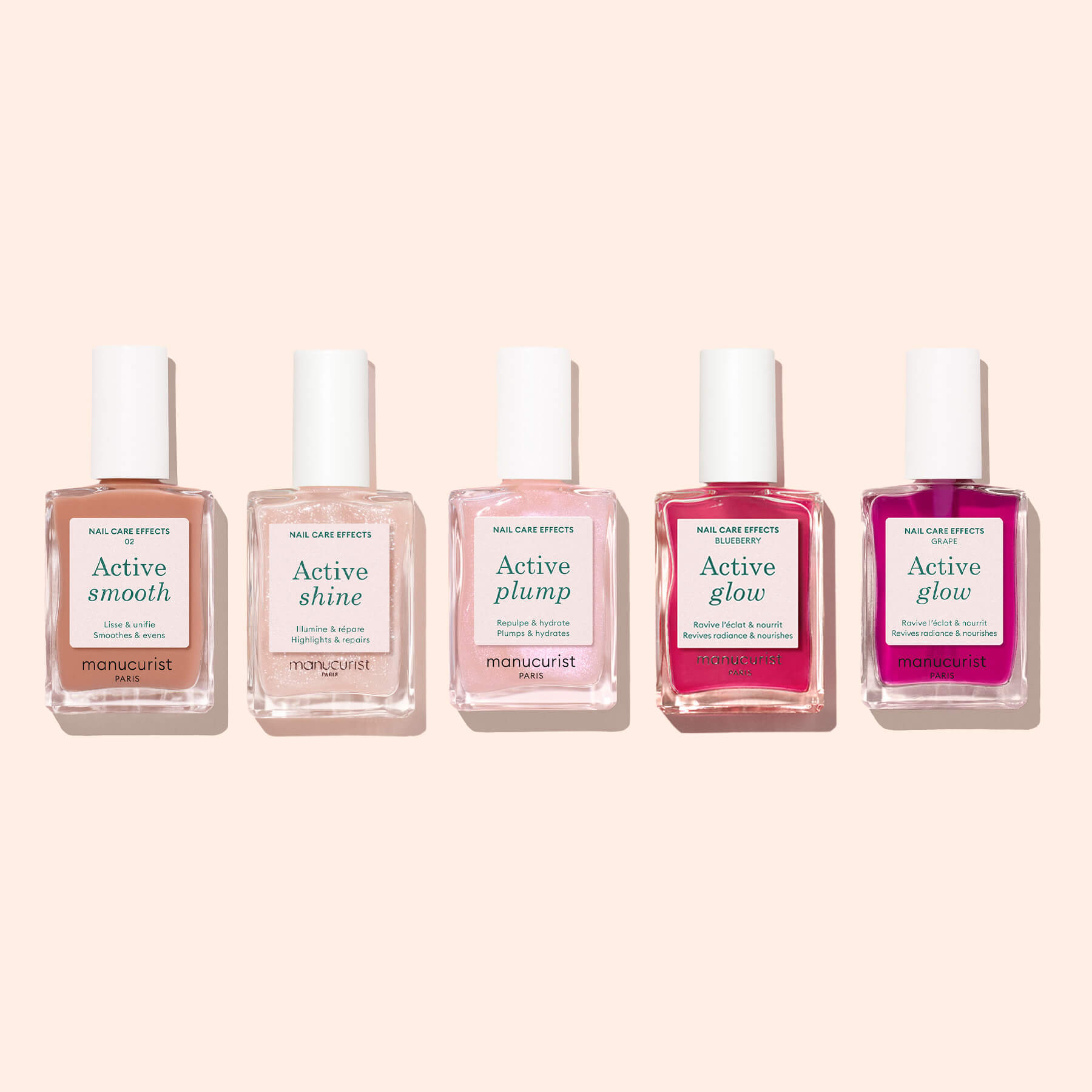 Cinq flacons Active soins ongles alignés
